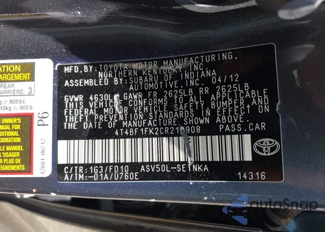 2012 Toyota Camry Le z USA, uszkodzony, nr VIN 4T4BF1FK2CR213908